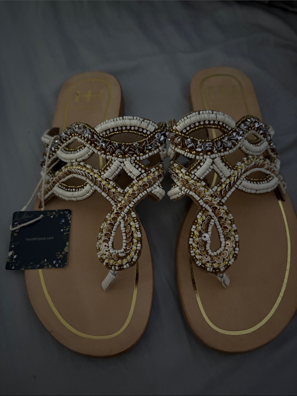 Haute Hippie White and Gold Beaded Toe-Post Sandals